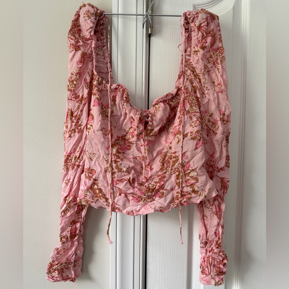 Free People NWT Pink Floral Ruched Cropped Blouse